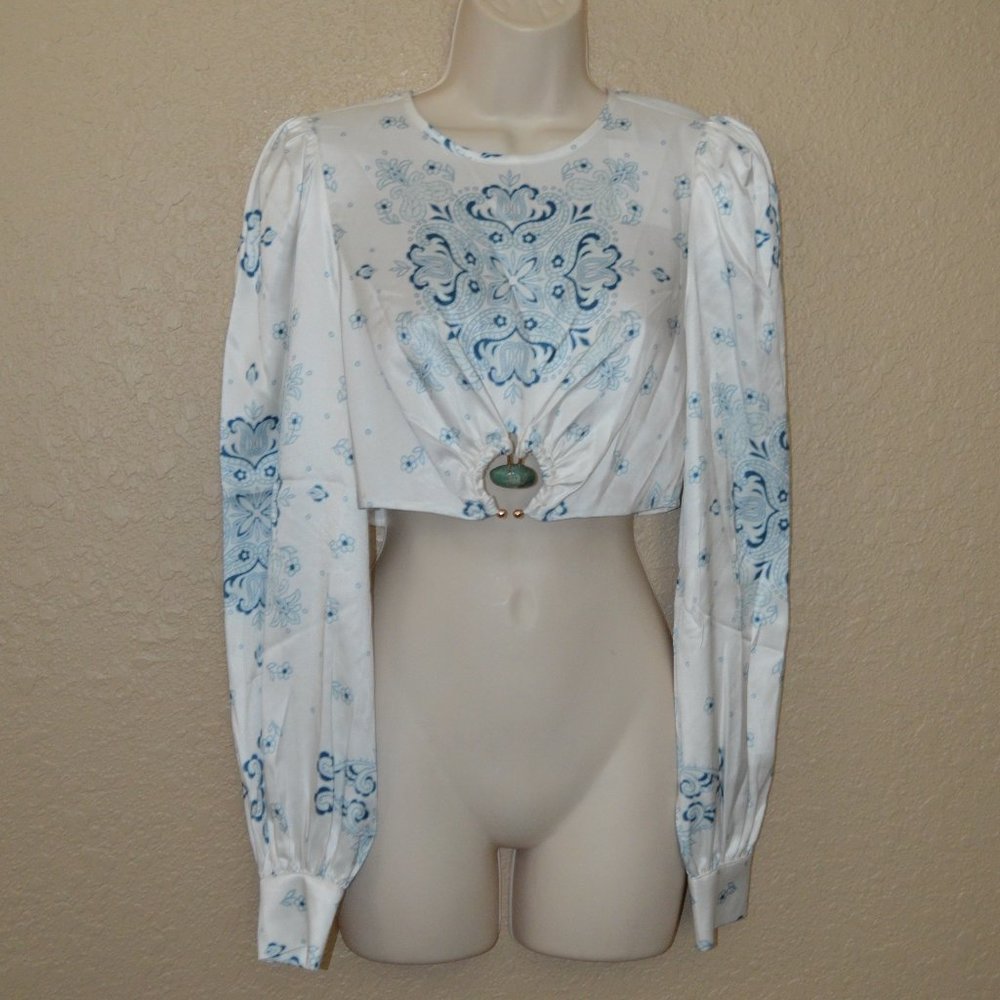 NWT $285 Sz 2 Cami NYC Zamira White Blue Crop Bandana Long Sleeve Blouse